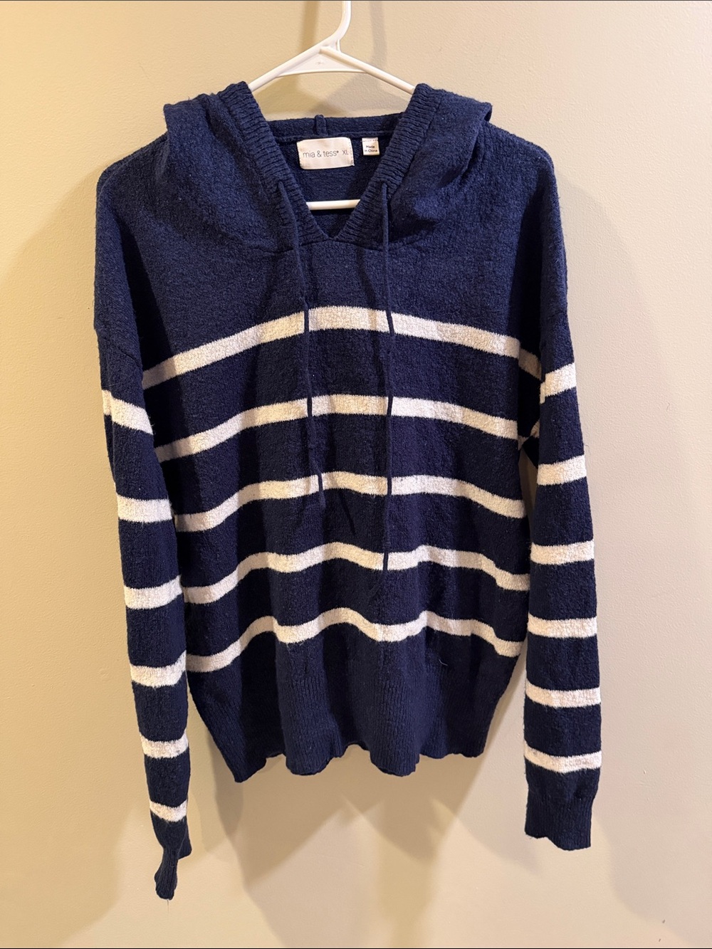 Navy & White Striped Hooded Pullover Sweatshirt